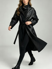 Effortless Black Faux Leather Trench Coat for Women with Stand Collar Long Sleeve Tie Belt Relaxed Style