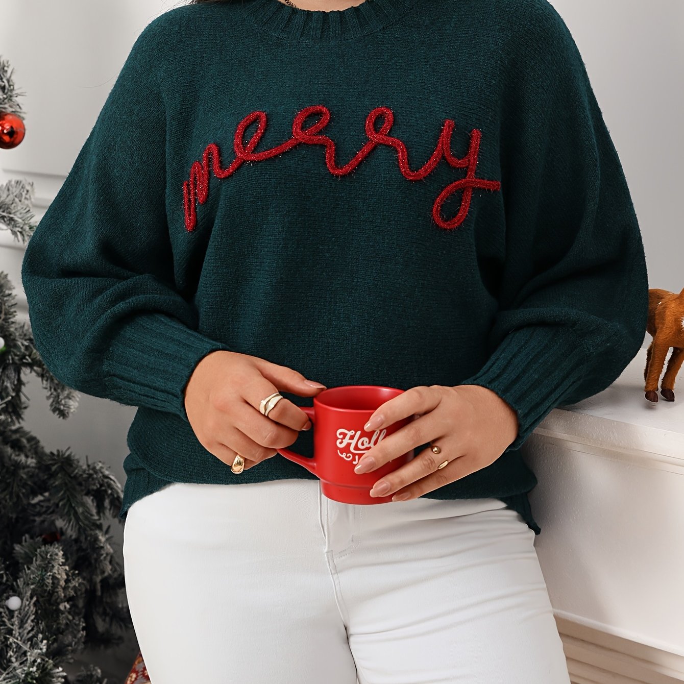 Cozy Green Merry Letter Christmas Tacky Sweater for Women with Crew Neck Long Sleeve Knit Pullover Holiday Style