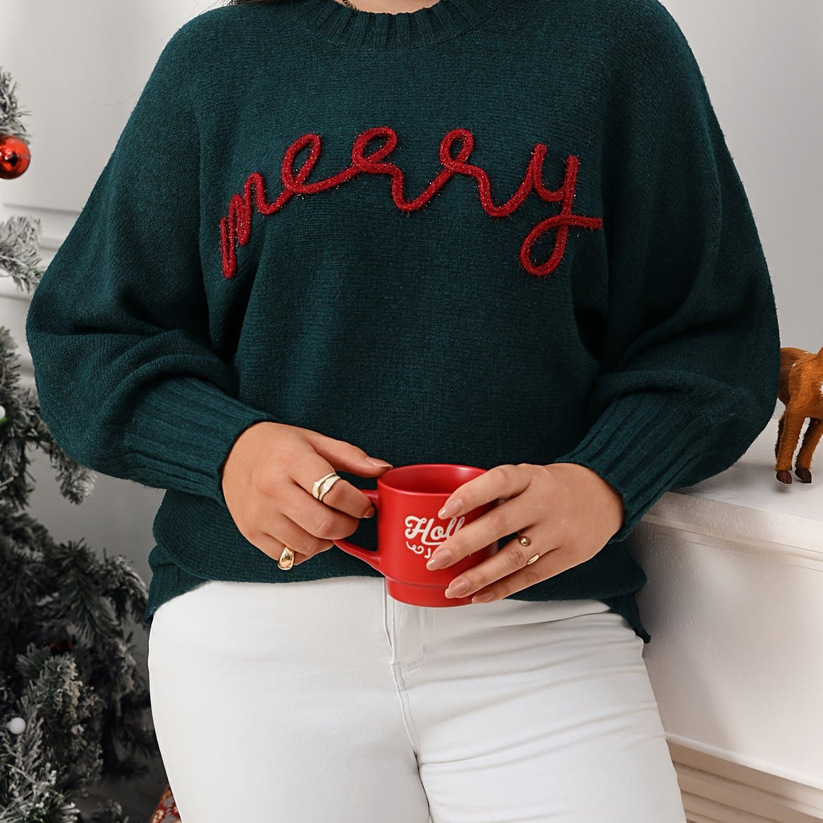 Cozy Green Merry Letter Christmas Tacky Sweater for Women with Crew Neck Long Sleeve Knit Pullover Holiday Style