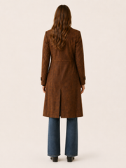 Elegant Longline Faux Suede Trench Coat for Women with Notched Lapel Belted Waist Tailored Autumn Style