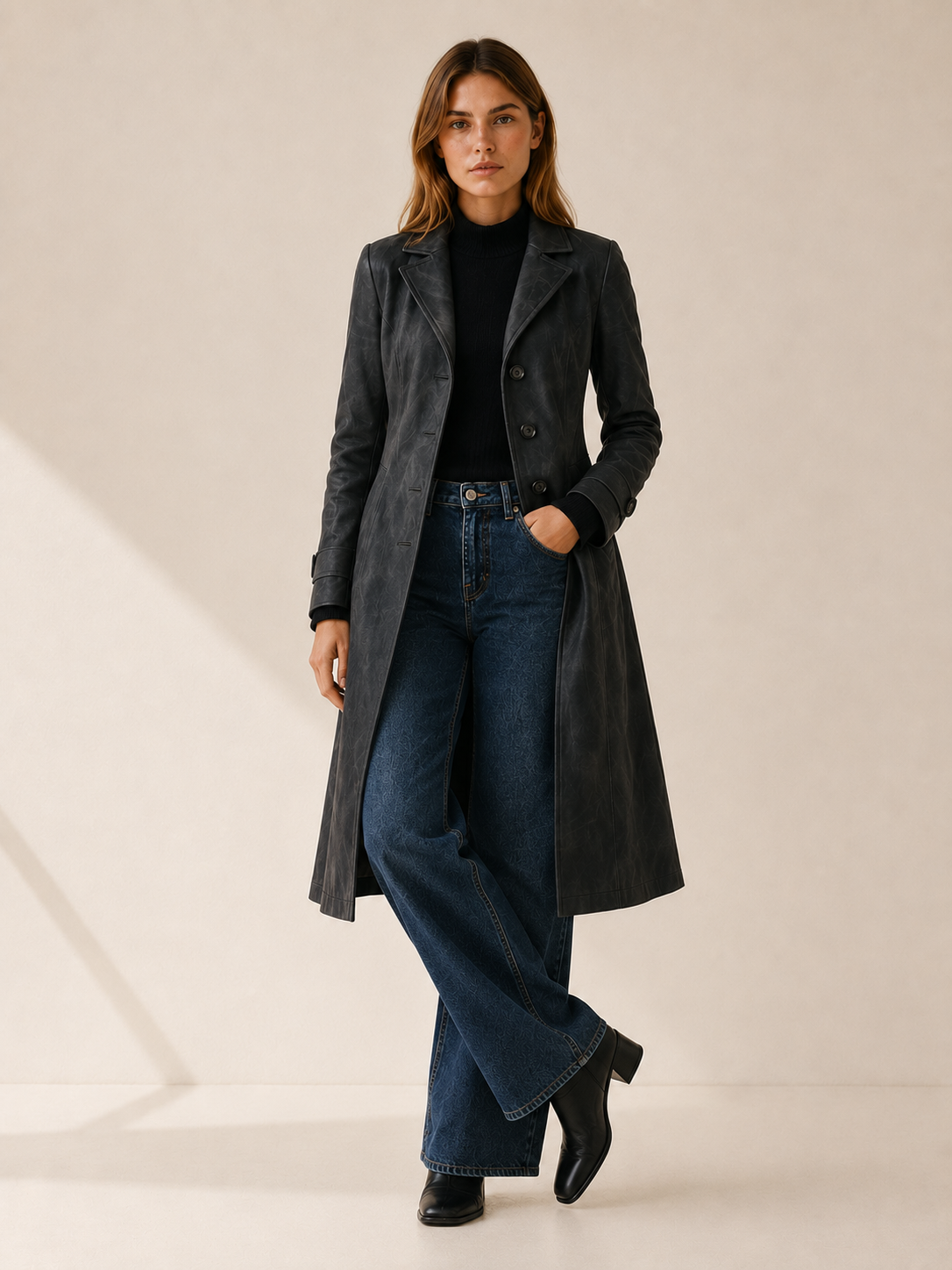 Elegant Longline Faux Suede Trench Coat for Women with Notched Lapel Belted Waist Tailored Autumn Style