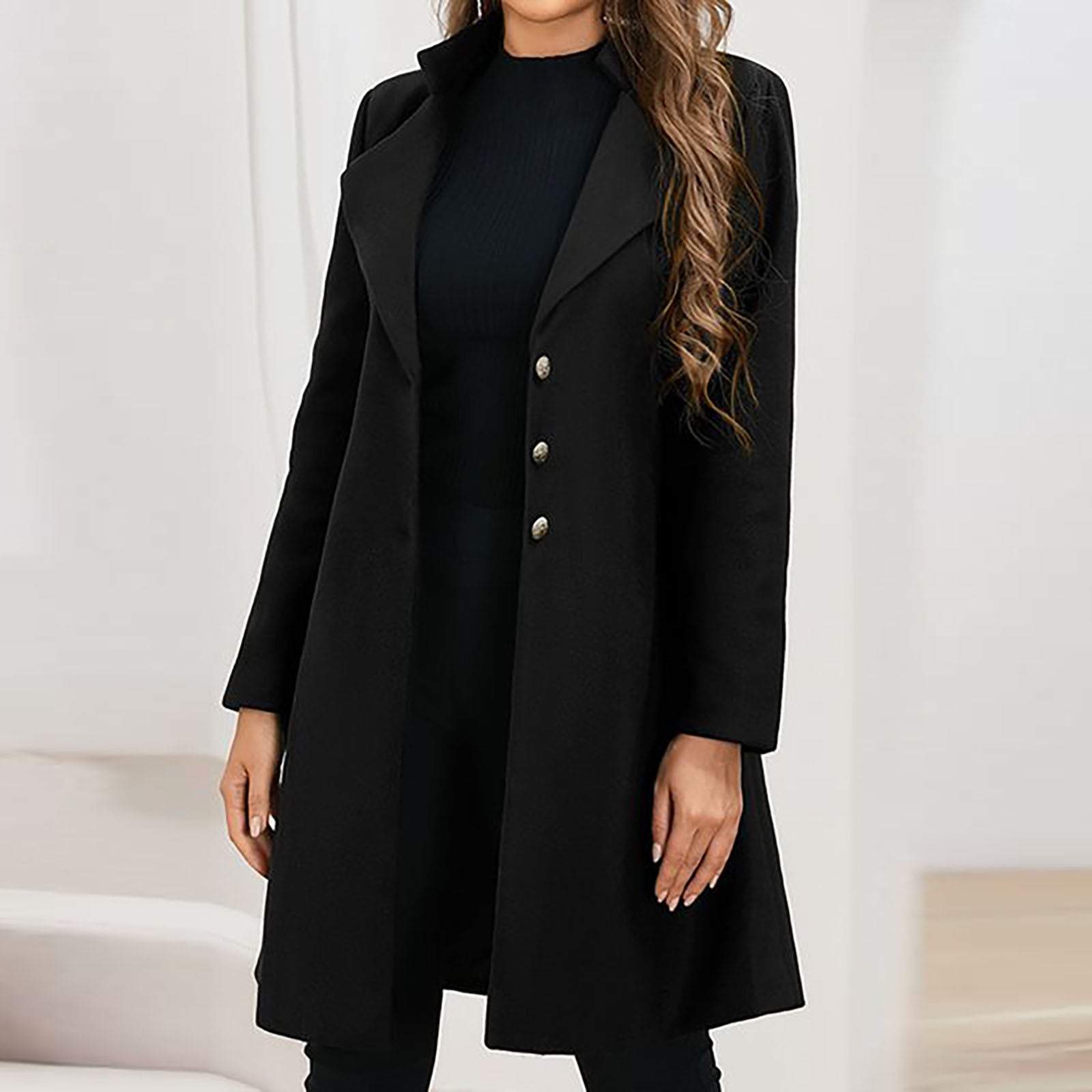 Elegant Wool Winter Coat for Women with Notched Lapel Long Sleeve Button Front Tailored Style