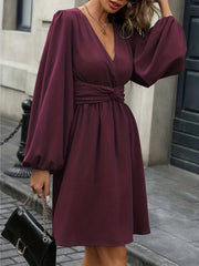 Elegant Wine Long Sleeve Mini Dress for Women with V Neck Lantern Sleeve Wrap Waist Flowy Style
