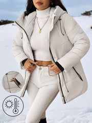 Cozy Quilted Ski Jacket for Women with Hooded Long Sleeve Drawstring Waist Zip Pocket Style