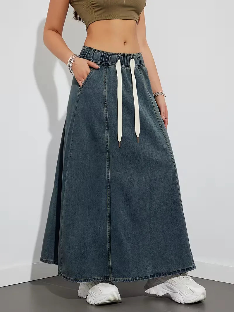 Effortless Denim Skirt for Women with High Waist Drawstring A Line Side Slit Style
