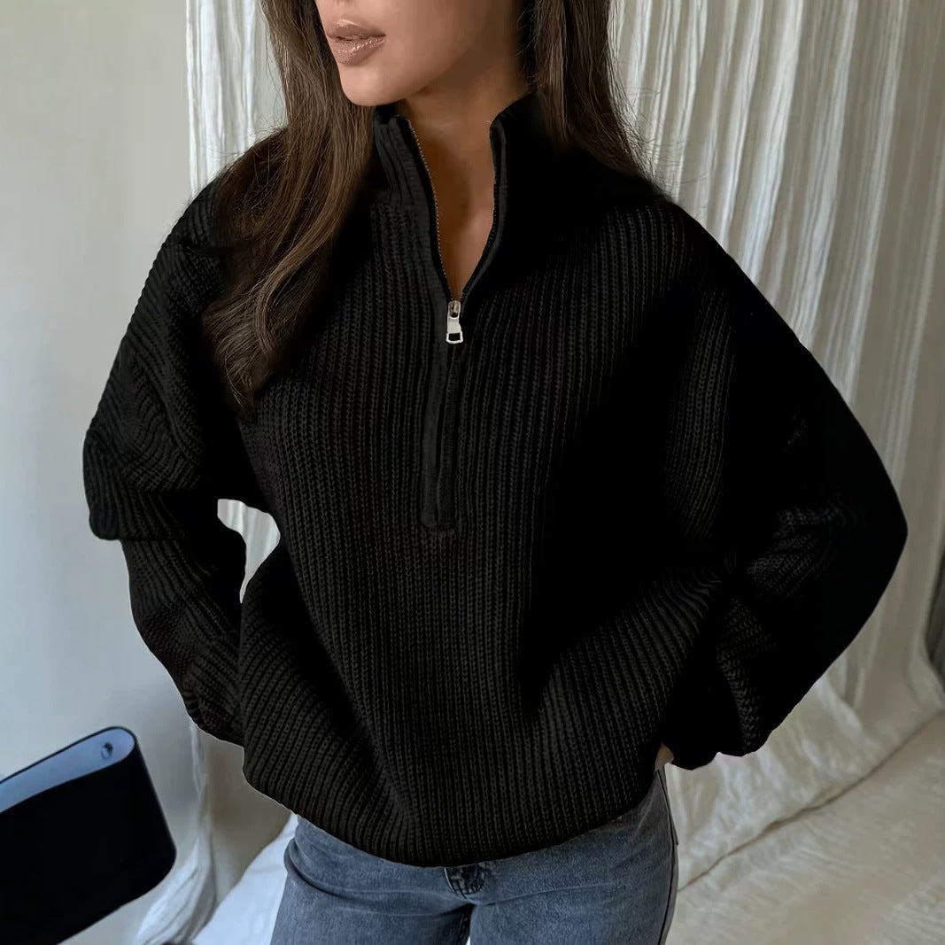 Cozy Ribbed Quarter-Zip Knit Sweater for Women with Stand Collar Long Sleeve Drop Shoulder Pullover Style