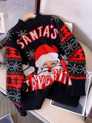 Cozy Black Santa Christmas Tacky Sweater for Women with Crew Neck Long Sleeve Oversized Knit Style