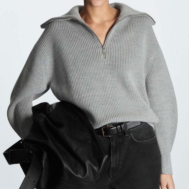 Cozy Striped Quarter-Zip Knit Sweater for Women with Funnel Collar Long Sleeve Ribbed Pullover Style