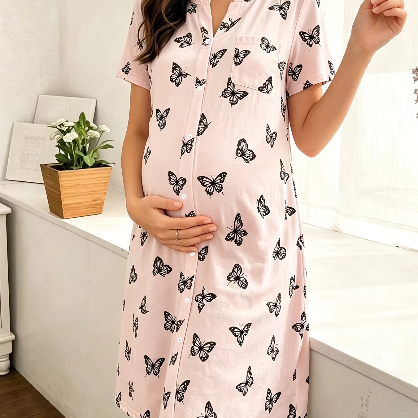 Comfortable Printed Maternity Nightgown for Women with Round Neck Short Sleeve Button Front Relaxed Style