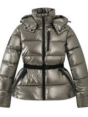 Sleek Metallic Puffer Ski Jacket for Women with Hooded Collar Long Sleeve Belted Zip Pocket Casual Style