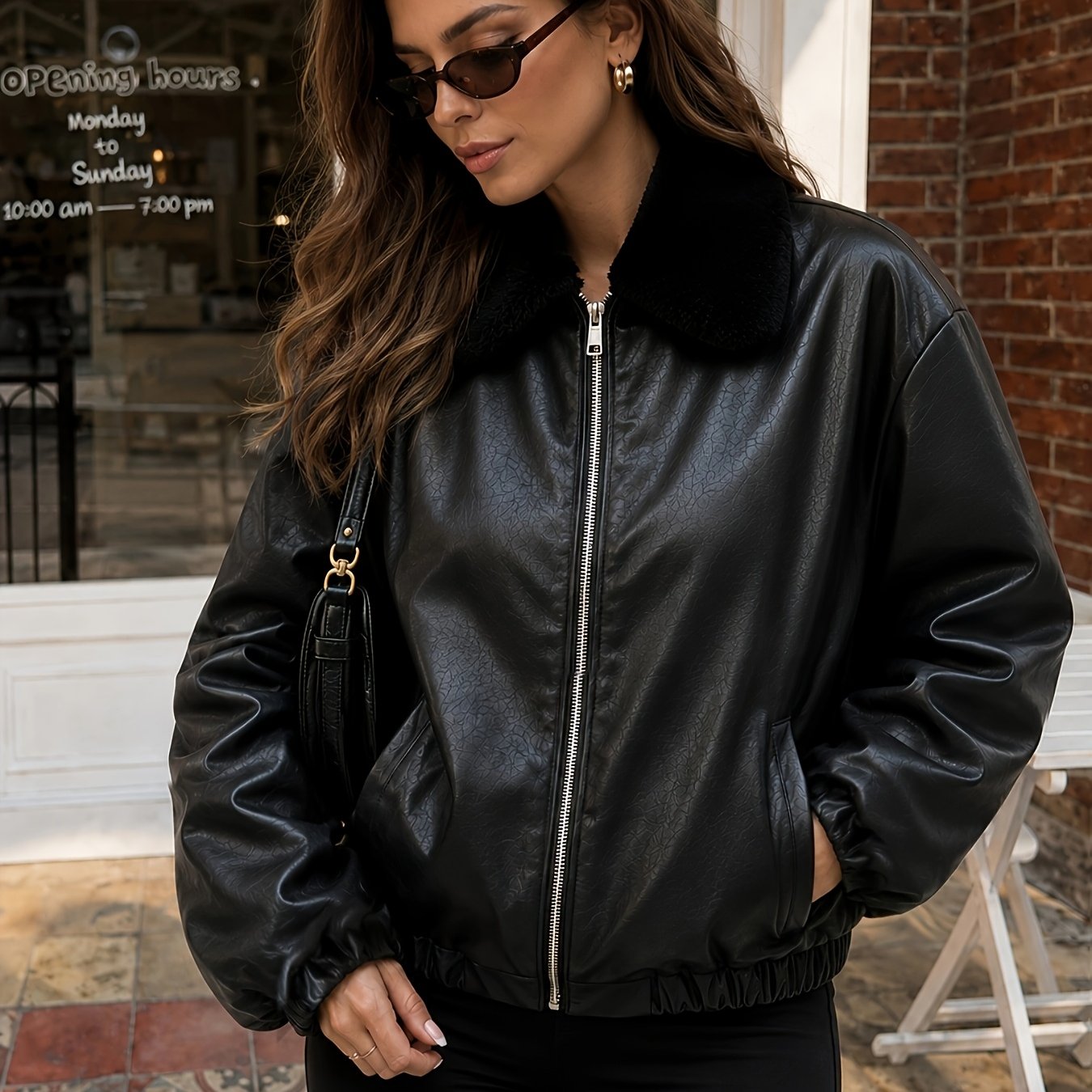Stylish Black Faux Leather Bomber Jacket for Women with Faux Fur Collar Zip Front Ribbed Trim Moto Style