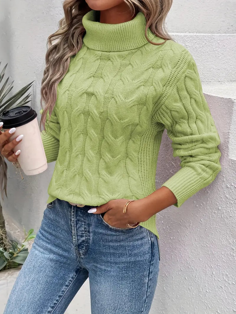 Cozy Cable Knit Sweater for Women with Turtleneck Long Sleeve Ribbed Relaxed Pullover Style