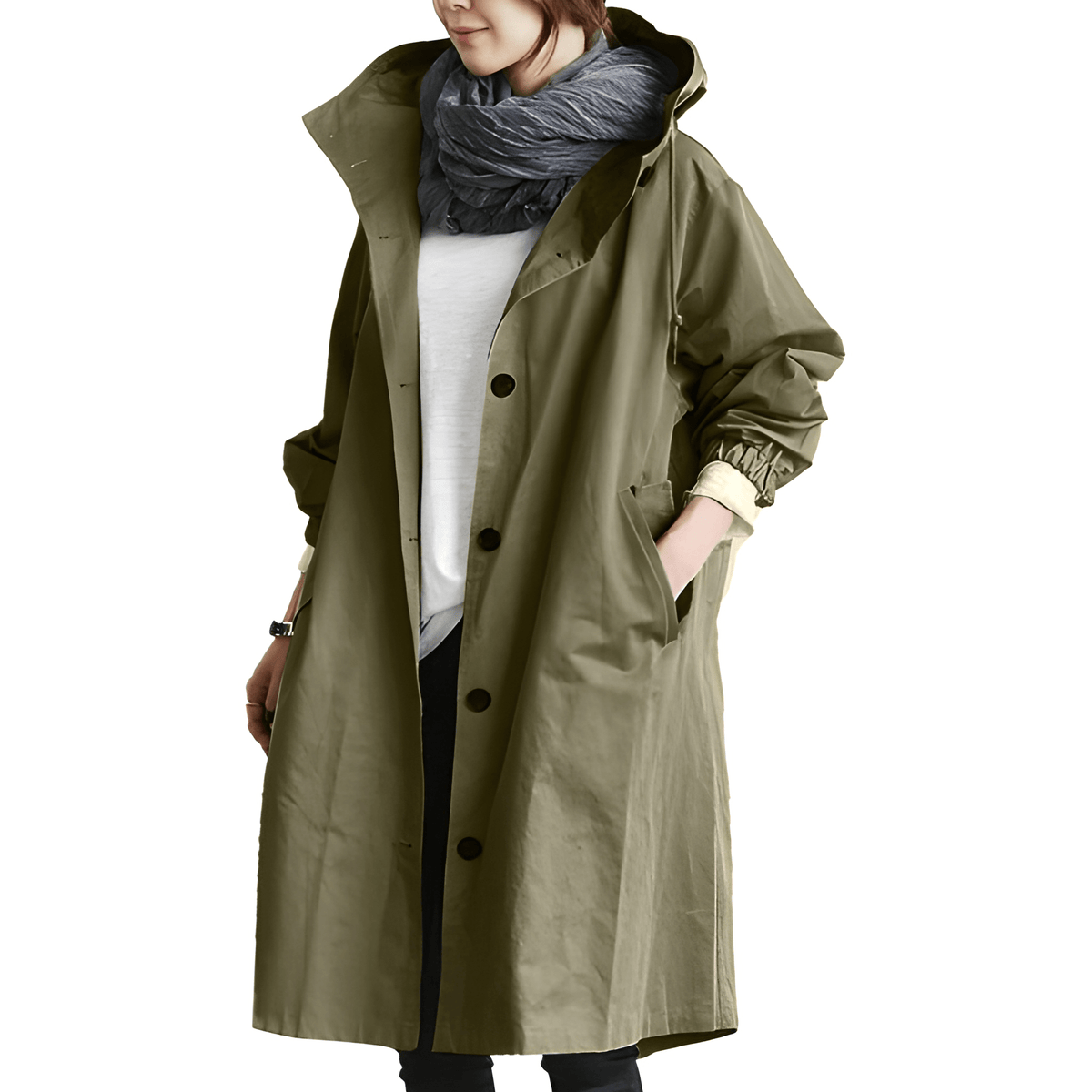 Effortless Army Green Oversized Hooded Coat for Women with Button Front Drawstring Relaxed Casual Parka Style
