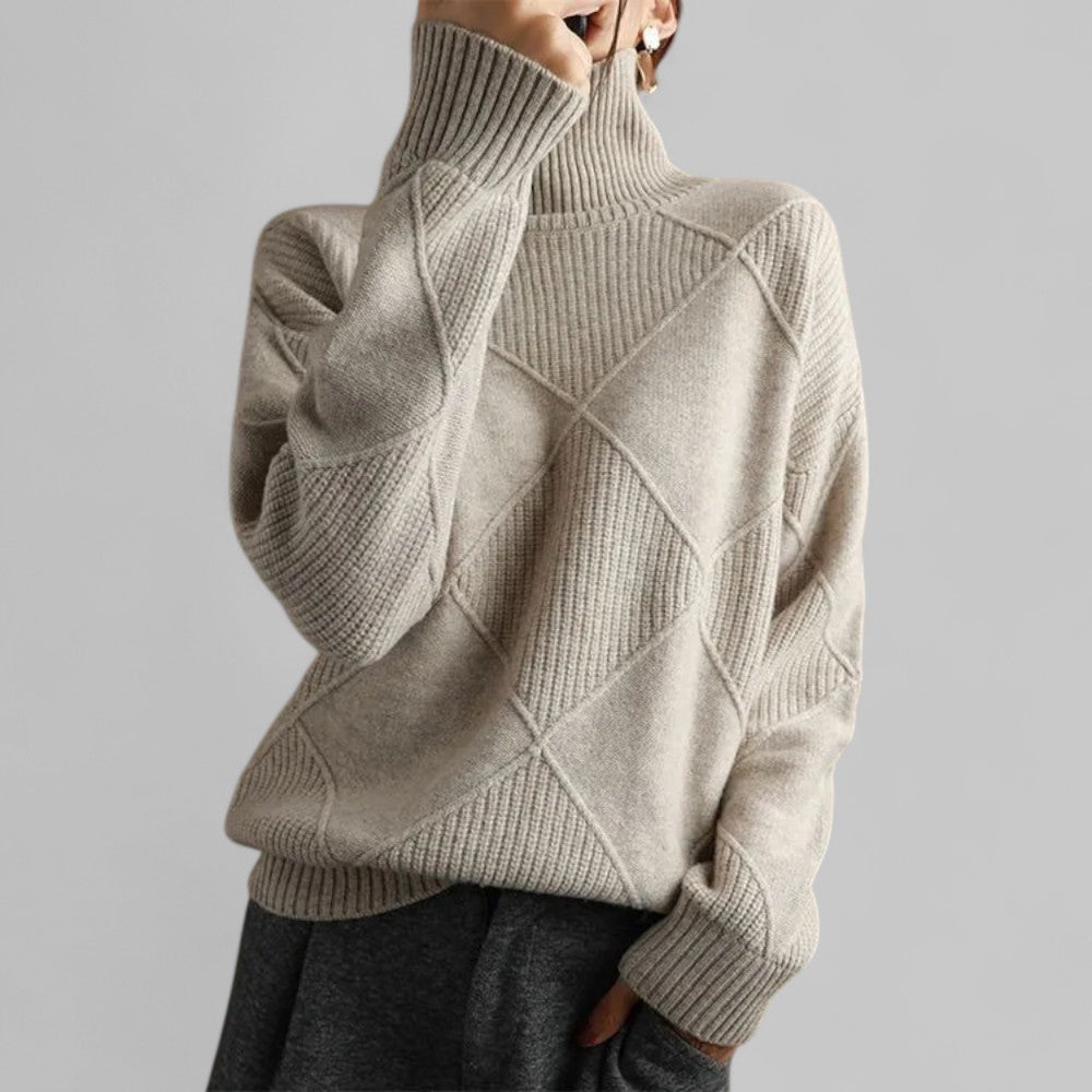 Cozy Black Oversized Sweater for Women with Turtleneck Long Sleeve Diamond Knit Relaxed Pullover Style