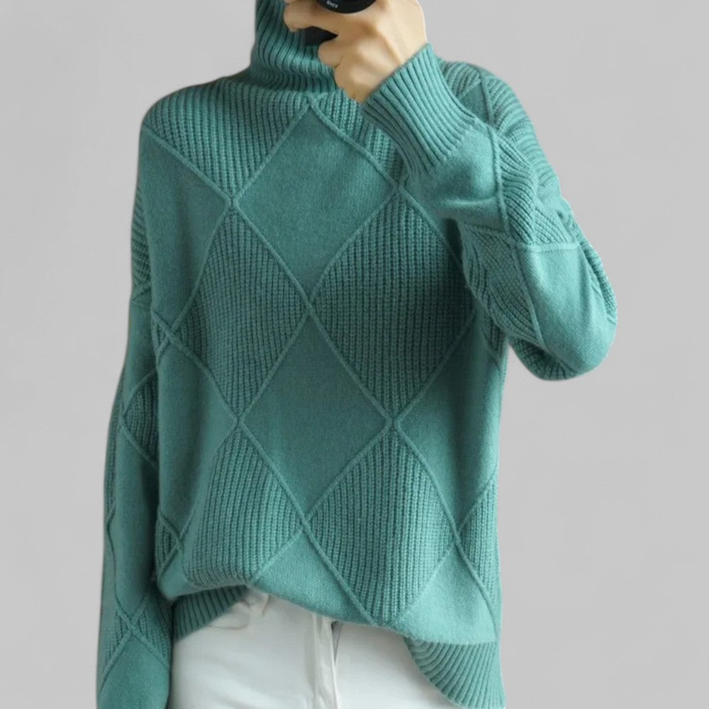 Cozy Black Oversized Sweater for Women with Turtleneck Long Sleeve Diamond Knit Relaxed Pullover Style