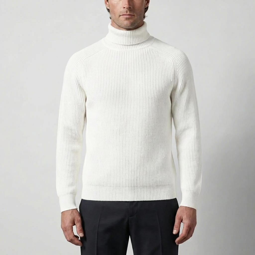 Cozy Ribbed Knit Turtleneck Sweater for Men with Roll Neck Long Sleeve Pullover Winter Style