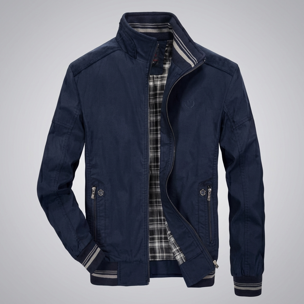 Rugged Harrington Bomber Jacket for Men with Stand Collar Long Sleeve Full Zip Striped Ribbed Style
