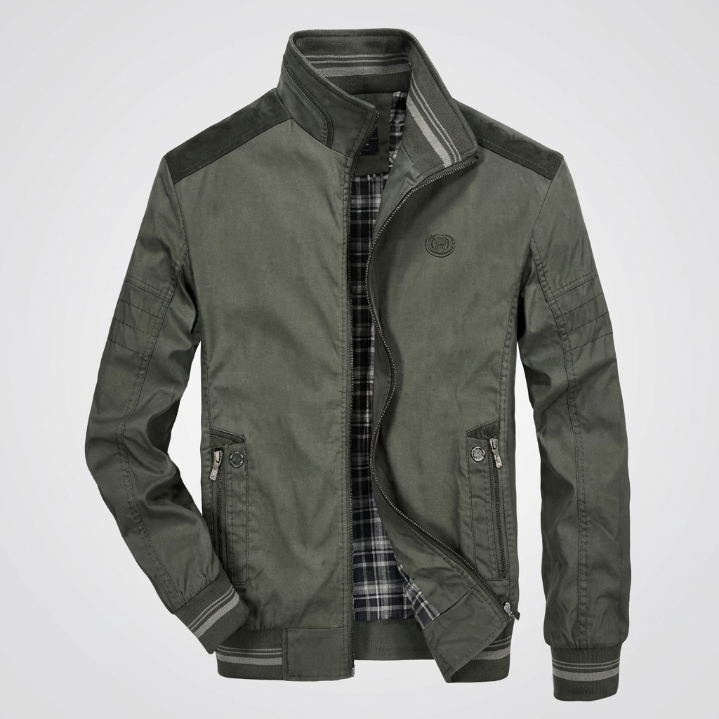 Rugged Harrington Bomber Jacket for Men with Stand Collar Long Sleeve Full Zip Striped Ribbed Style