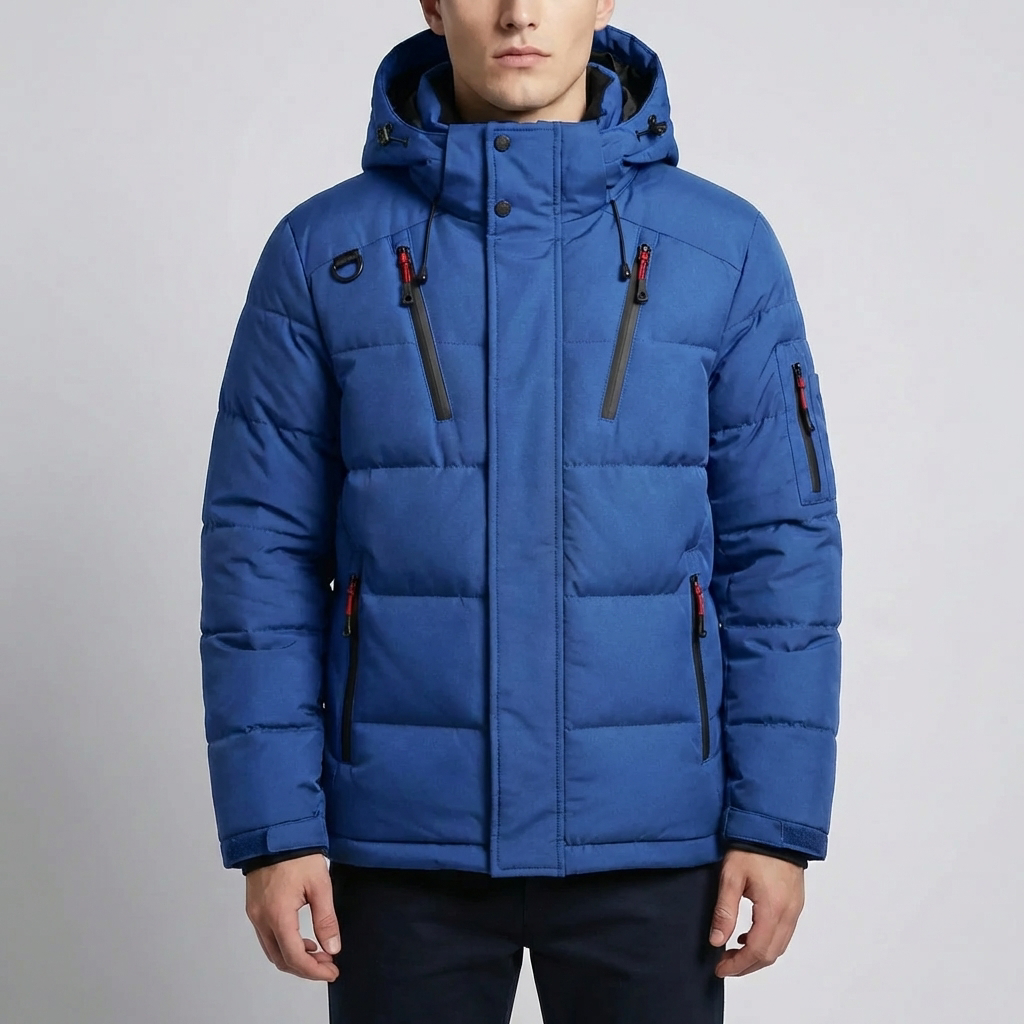 Cozy Puffer Jacket for Men with Hooded Collar Long Sleeve Zip Up Quilted Padded Winter Style