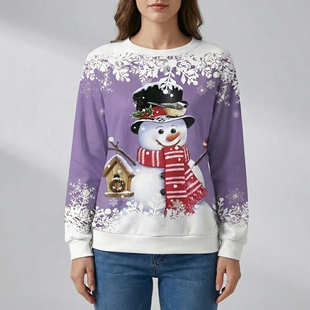 Cozy Christmas Sweatshirt for Women with Crew Neck Long Sleeve Snowman Print Festive Style