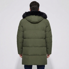 Cozy Long Puffer Jacket for Men with Faux Fur Hood Long Sleeve Zip Up Quilted Longline Style
