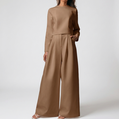 Chic Two Piece Palazzo Set for Women with Crew Neck Long Sleeve Wide Leg High Waist Style