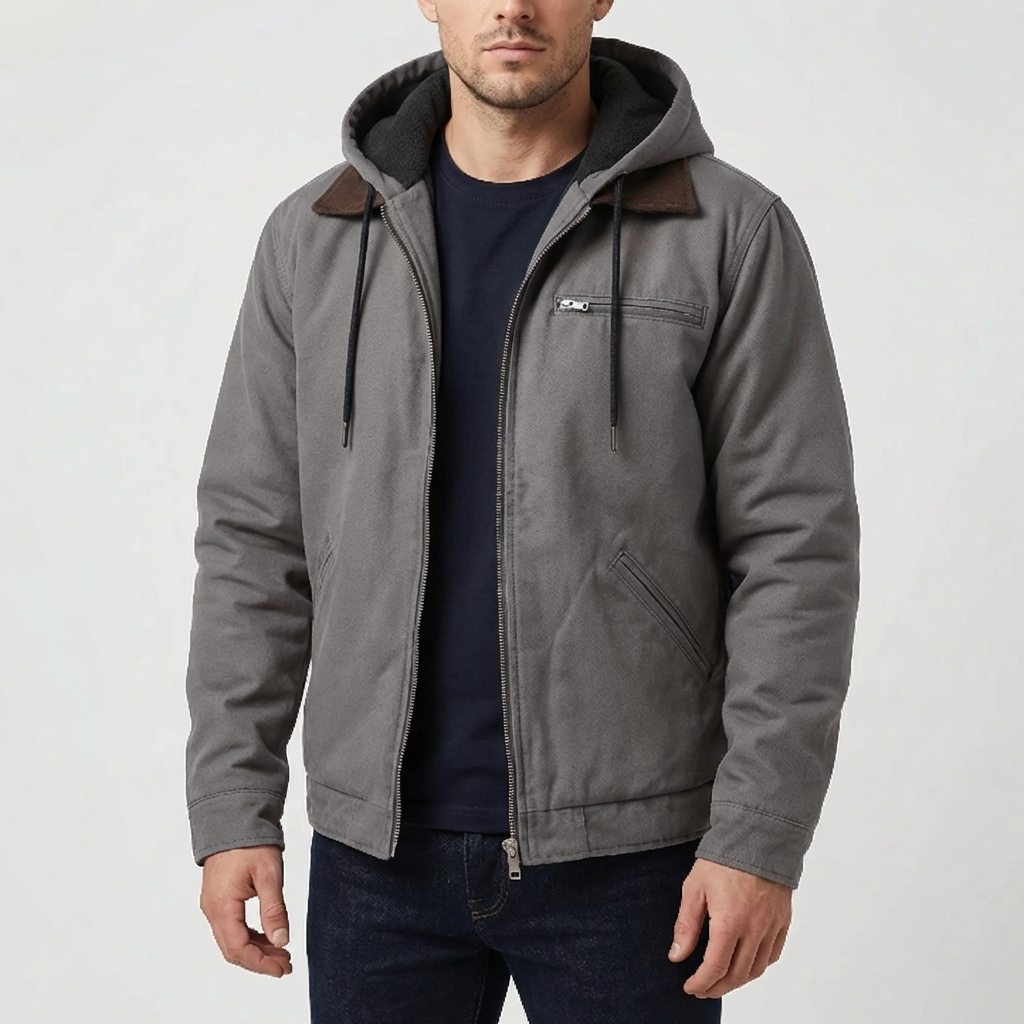Warm Hooded Jacket for Men with Corduroy Collar Long Sleeve Zip Up Sherpa Lined Trucker Style