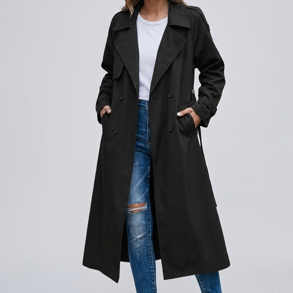 Classic Longline Winter Trench Coat for Women with Notched Lapel Long Sleeve Double Breasted Belted Style