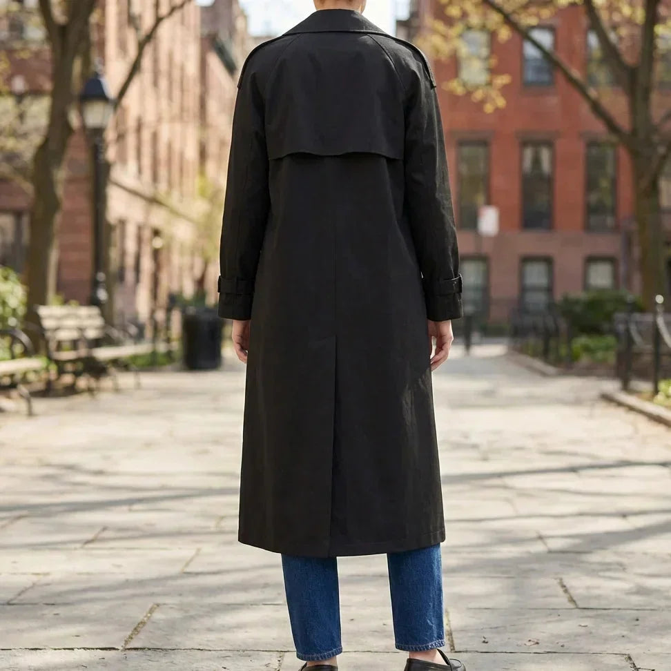 Classic Longline Winter Trench Coat for Women with Notched Lapel Long Sleeve Double Breasted Belted Style