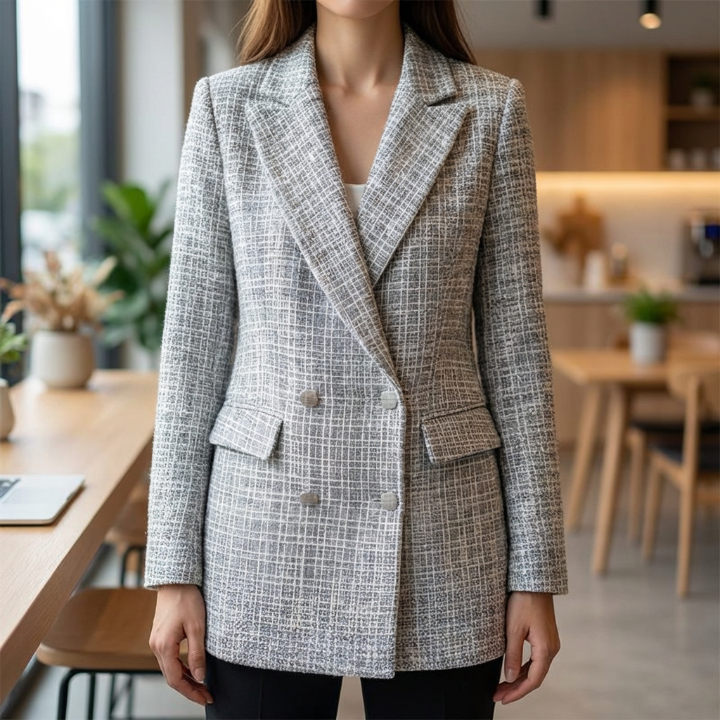 Elegant Tweed Blazer Jacket for Women with Peak Lapel Long Sleeve Double Breasted Fitted Style