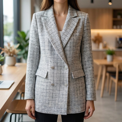 Elegant Tweed Blazer Jacket for Women with Peak Lapel Long Sleeve Double Breasted Fitted Style