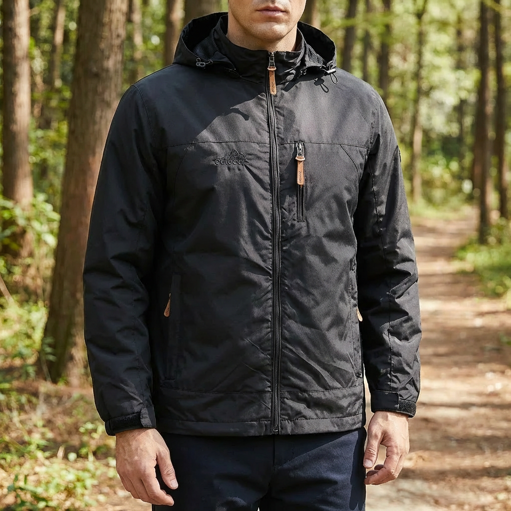 Rugged Waterproof Hooded Rain Jacket for Men with Drawcord Hood Long Sleeve Zip Outdoor Style