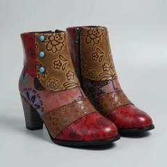 Women's Patchwork Ankle Boots Block Heel Floral Embroidered Boho Round Toe Zip Booties