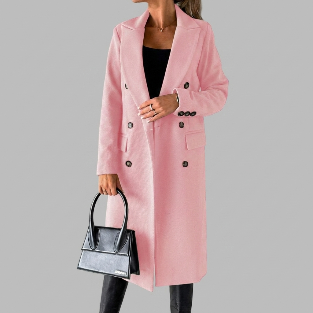 Elegant Wool Coat for Women with Peak Lapel Long Sleeve Double Breasted Longline Winter Style