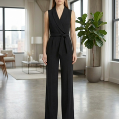 Chic Jumpsuit for Women with Shawl Collar Sleeveless Wrap Belted Wide Leg Style