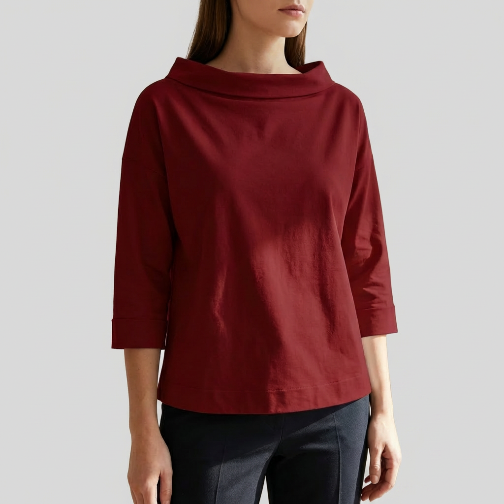 Chic Top for Women with Cowl Collar Three Quarter Sleeve Boxy Relaxed Style