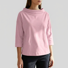 Chic Top for Women with Cowl Collar Three Quarter Sleeve Boxy Relaxed Style