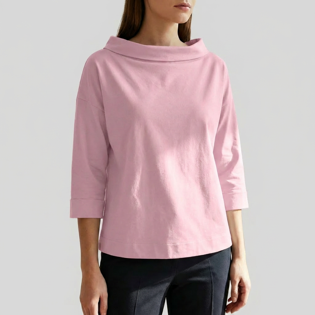 Chic Top for Women with Cowl Collar Three Quarter Sleeve Boxy Relaxed Style
