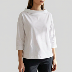 Chic Top for Women with Cowl Collar Three Quarter Sleeve Boxy Relaxed Style