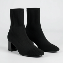 Women's Knit Sock Ankle Boots Square Heel Square Toe Stretch Pull-On Ribbed