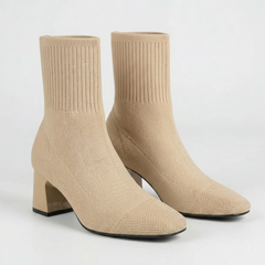 Women's Knit Sock Ankle Boots Square Heel Square Toe Stretch Pull-On Ribbed