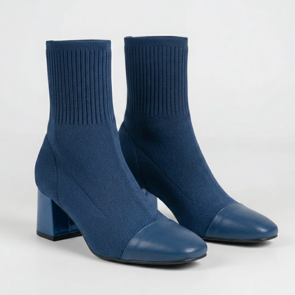Women's Knit Sock Ankle Boots Square Heel Square Toe Stretch Pull-On Ribbed