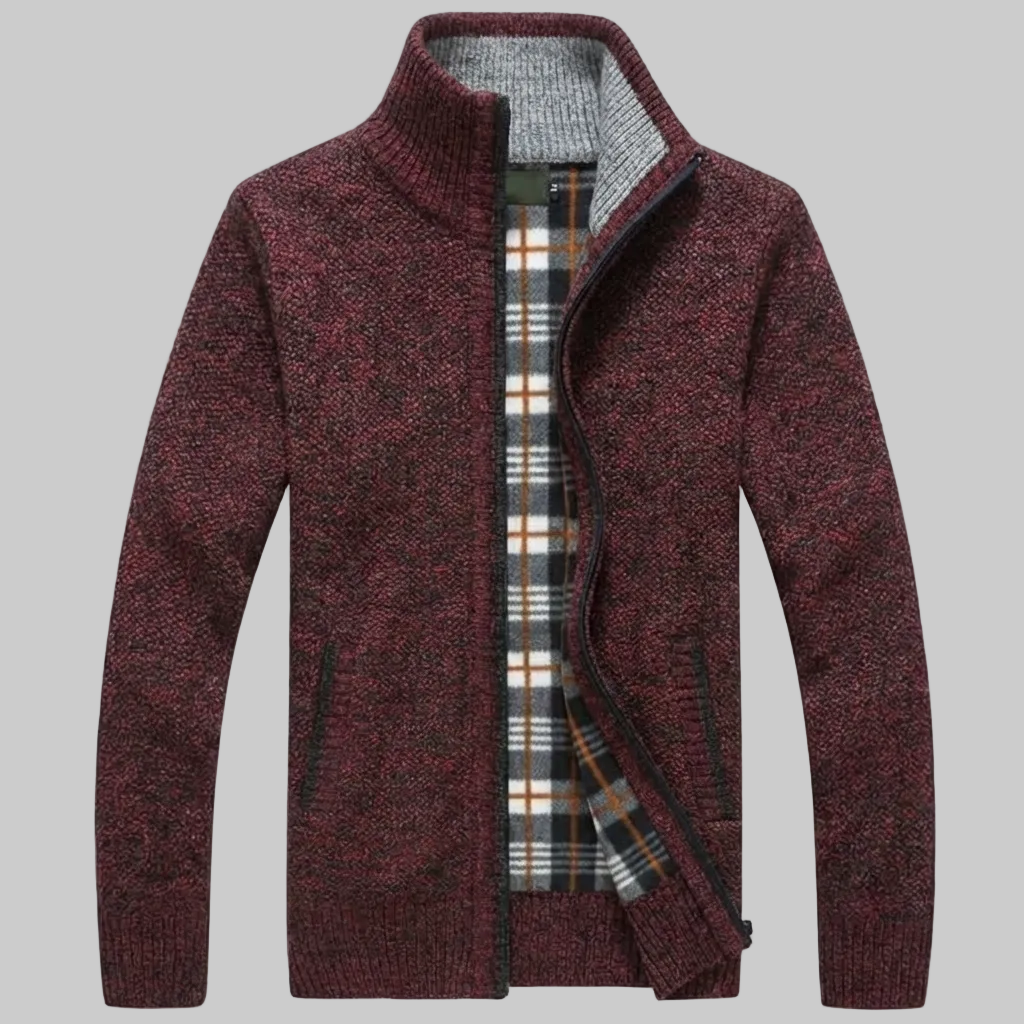 Cozy Marled Knit Zip Sweater for Men with Stand Collar Long Sleeve Full Zip Pocket Winter Style