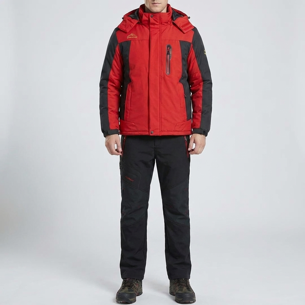 Warm Ski Suit Set for Men with Hooded Collar Long Sleeve Zip Up Insulated Two Piece Style