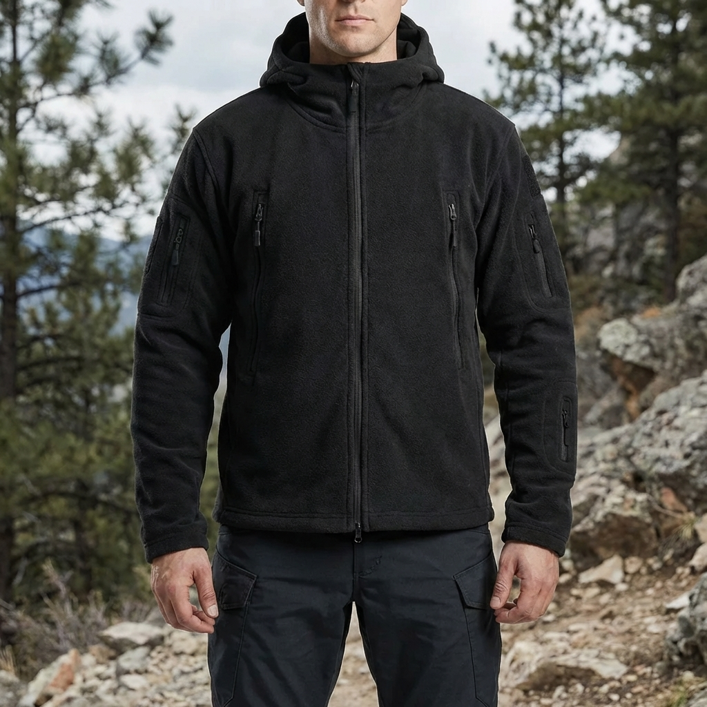 Cozy Tactical Hooded Fleece Jacket for Men with Full Zip Long Sleeve Multi-Pocket Outdoor Style