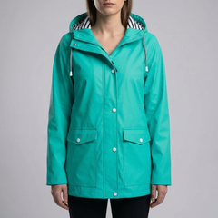 Effortless Hooded Rain Jacket for Women with Drawstring Hood Long Sleeve Flap Pocket Longline Style