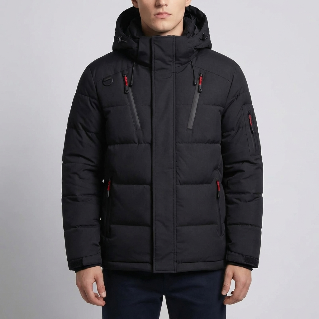 Cozy Puffer Jacket for Men with Hooded Collar Long Sleeve Zip Up Quilted Padded Winter Style