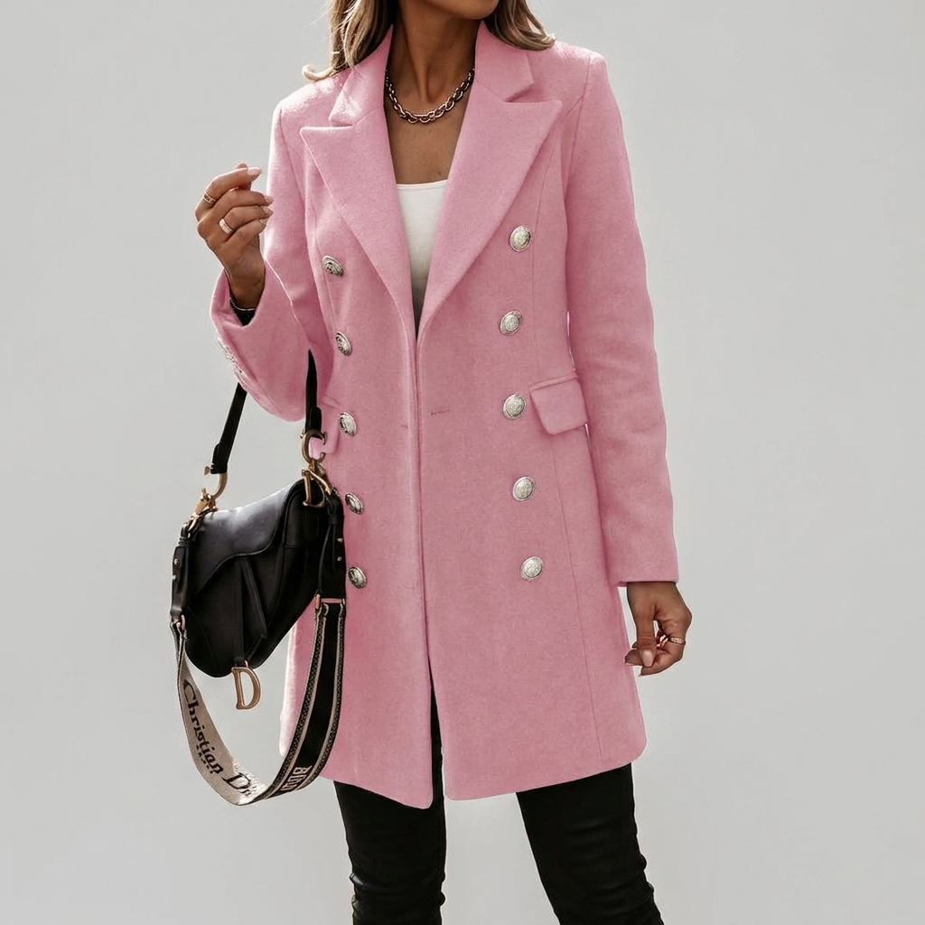 Elegant Wool Winter Coat for Women with Notched Lapel Long Sleeve Double Breasted Longline Slim Style