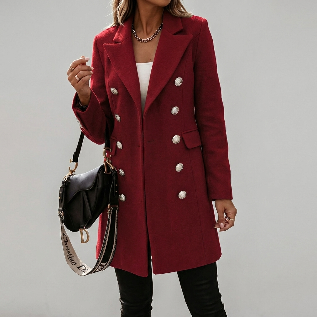 Elegant Wool Winter Coat for Women with Notched Lapel Long Sleeve Double Breasted Longline Slim Style
