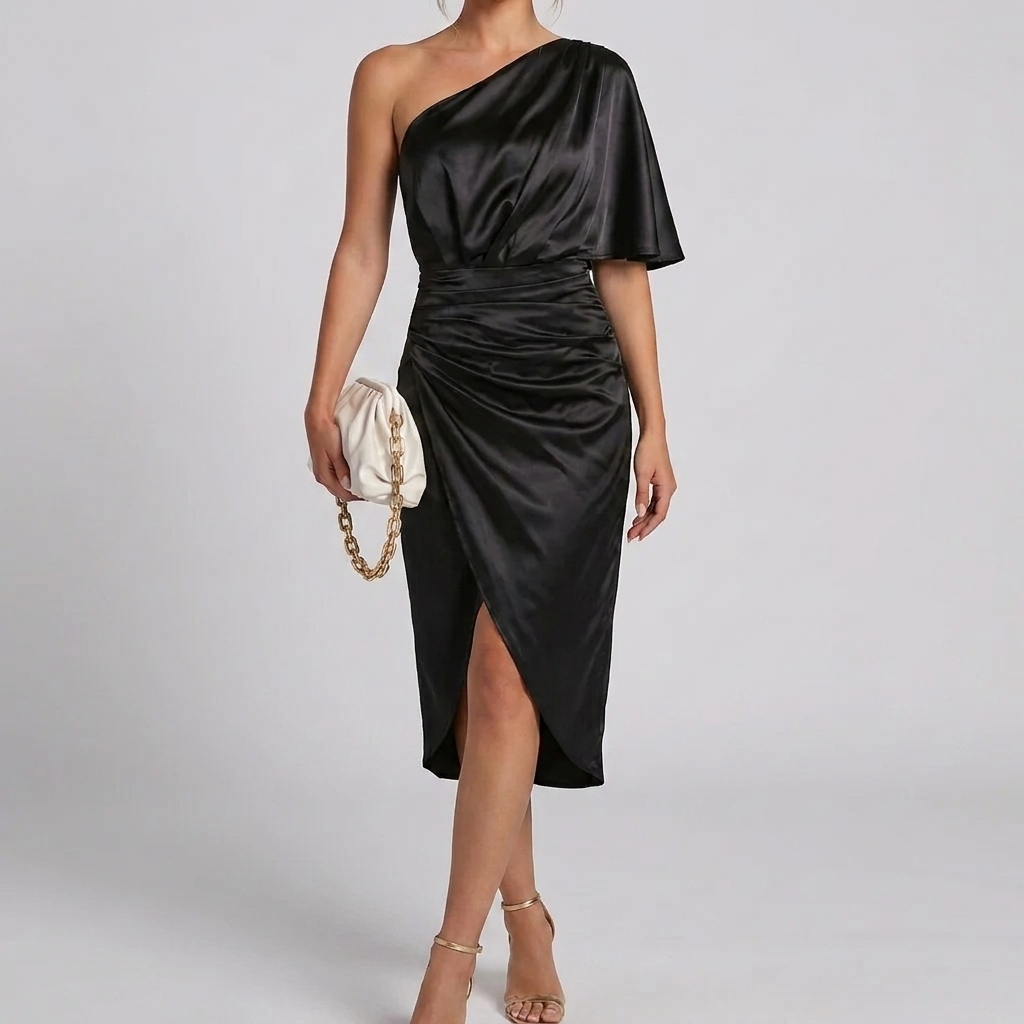 Elegant Satin Midi Dress for Women with One Shoulder Sleeveless Ruched Wrap Slit Cocktail Style